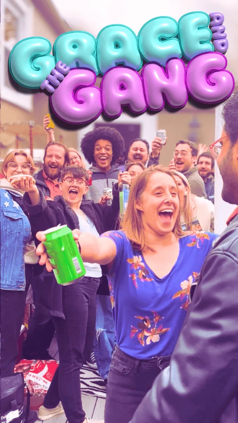 The Grace and the Gang cast crowded together mid-cheer, arms raised, with the bubble logo above them.