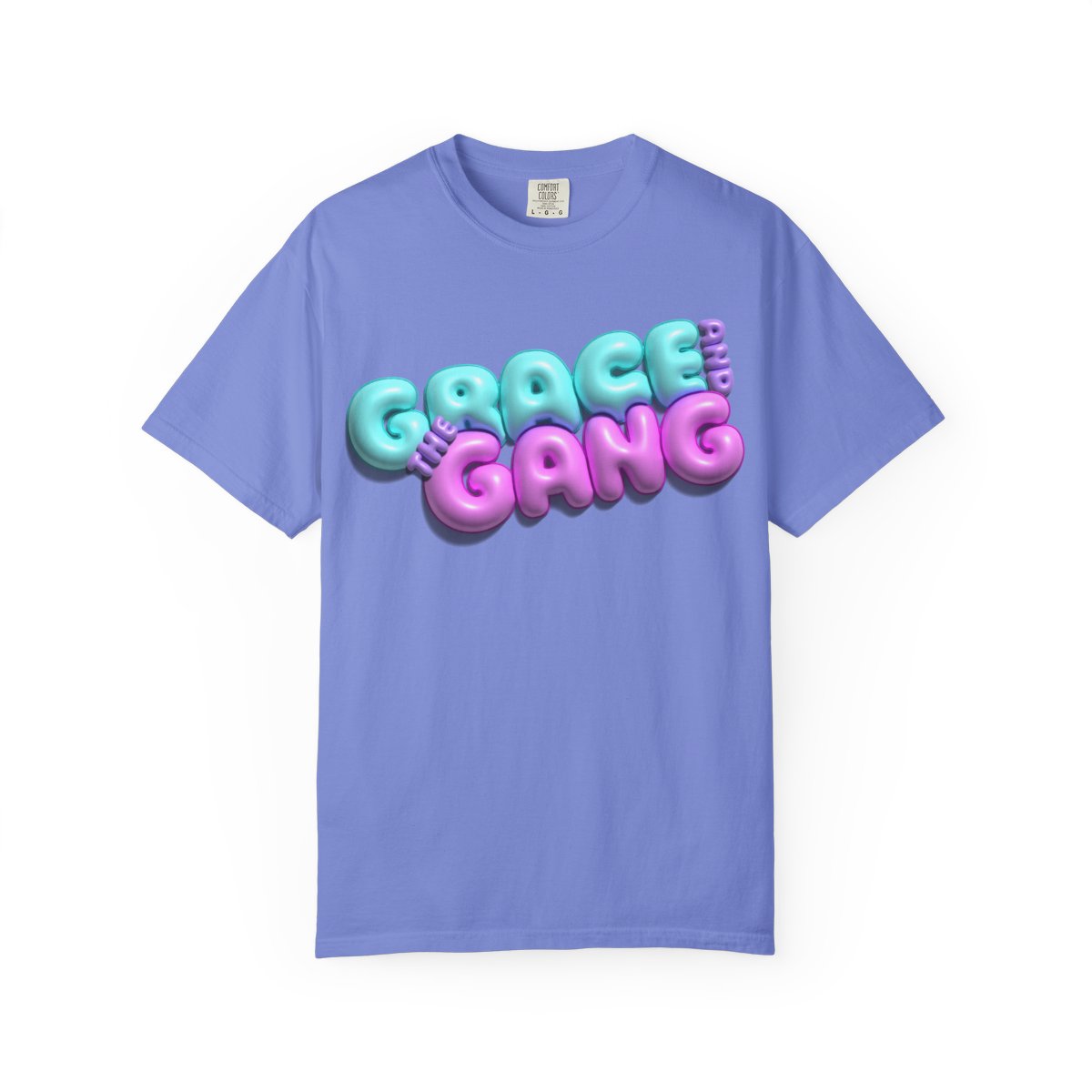 Periwinkle unisex garment-dyed T-shirt with the Grace and the Gang bubble logo.
