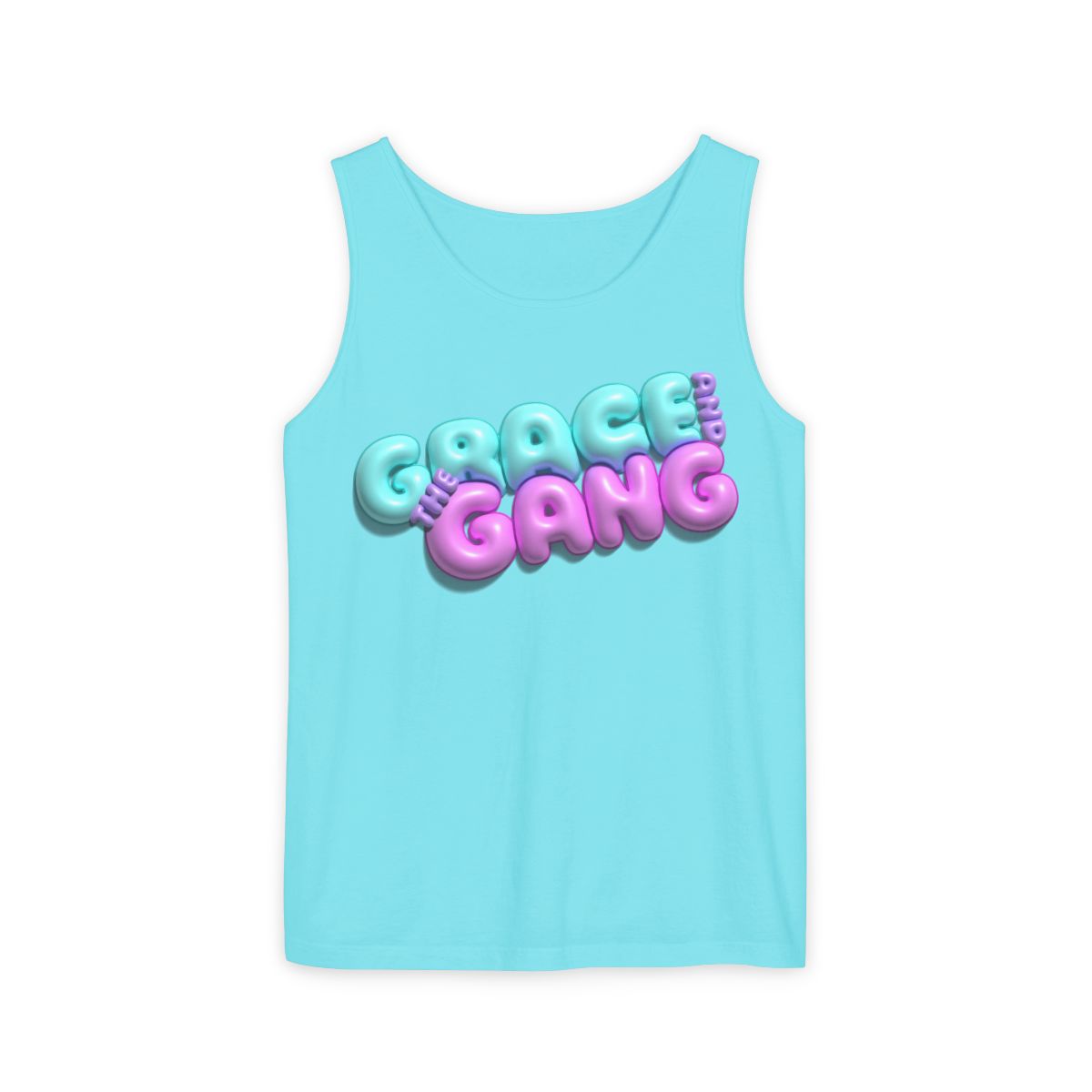 Unisex garment-dyed tank top with the Grace and the Gang bubble logo.